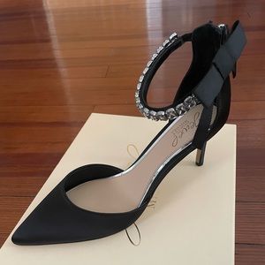Never worn Badgley Mischka black satin heels with rhinestone detail
